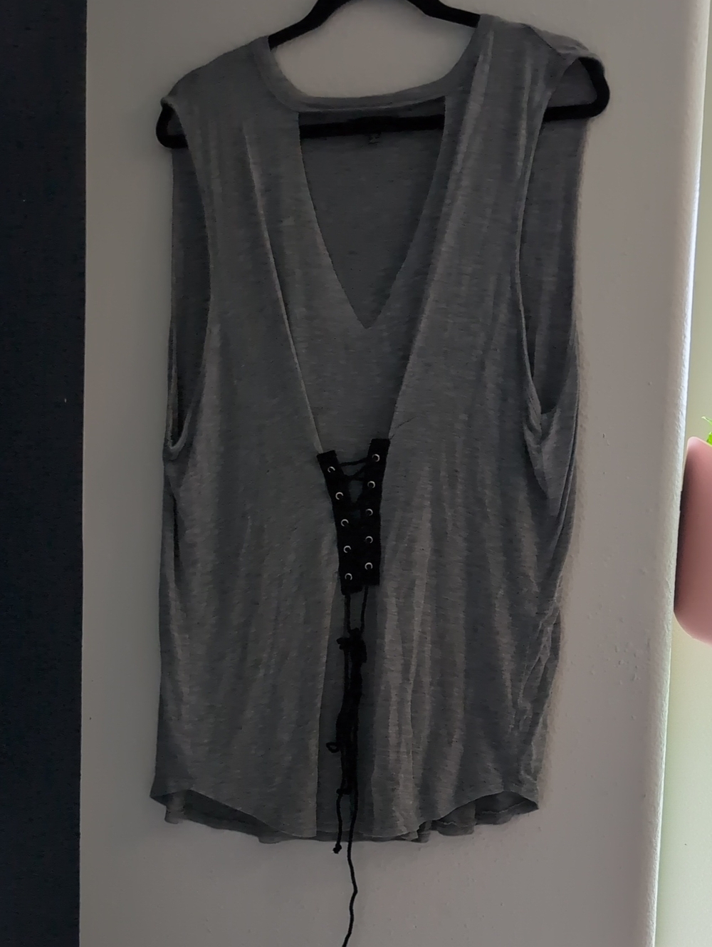 Charlotte Russe Gray Sleeveless V-Neck Tank with Lace-Up Detail